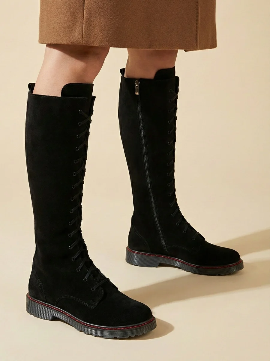 kozaki skórzane, muszkieterki, ocieplane, czarny welur