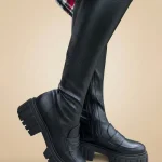 kozaki skórzane na platformie ze streczem