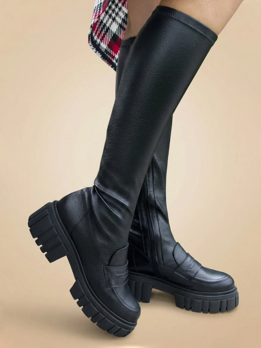 kozaki skórzane na platformie ze streczem