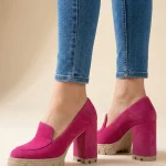 mokasyny na platformie, obcas 9 cm, malina zamsz