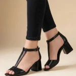 sandałki skórzane damskie na obcasie 6 cm, czarne lico