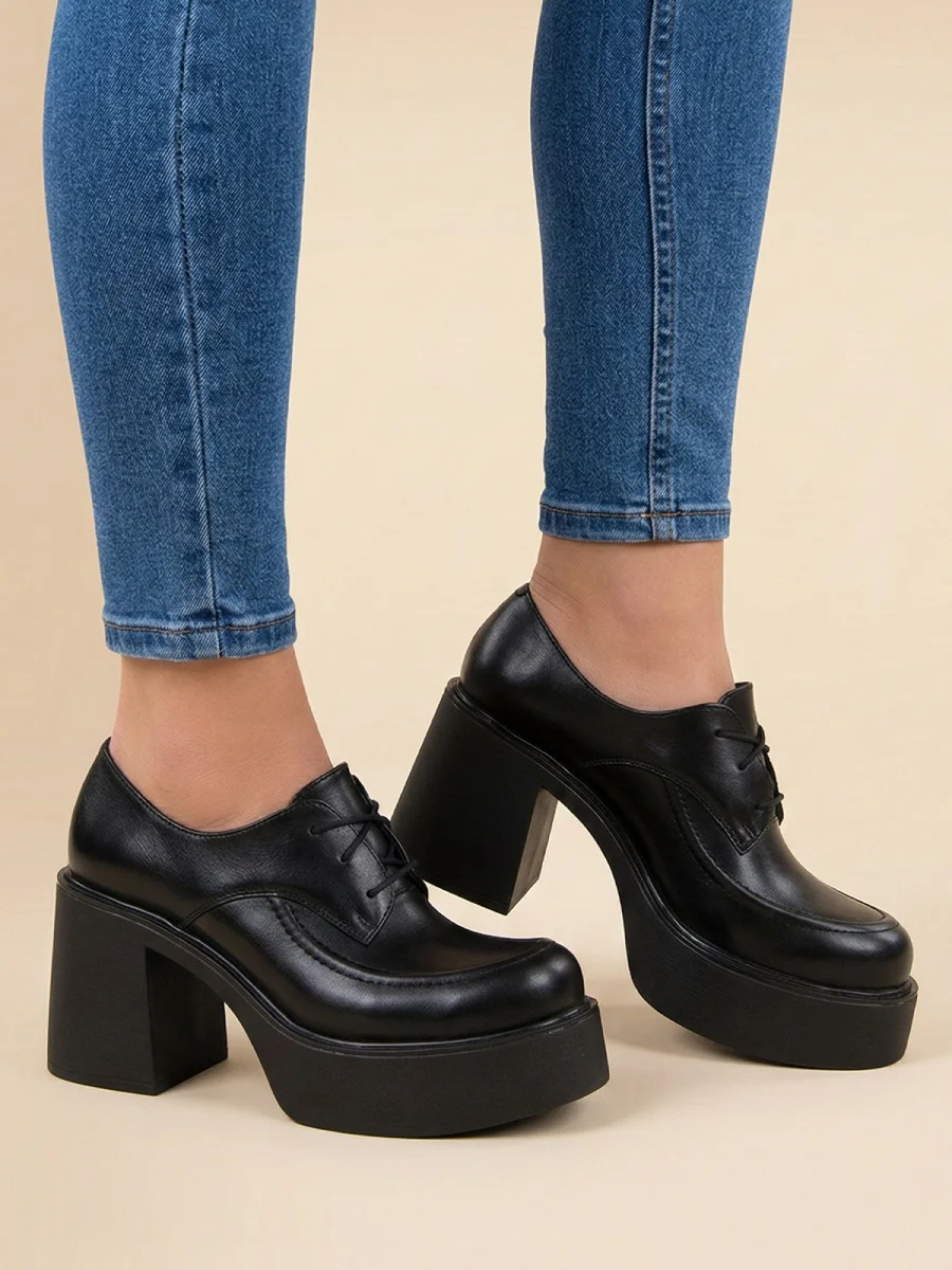 półbuty skórzane damskie na platformie, obcas 9 cm, czarne lico