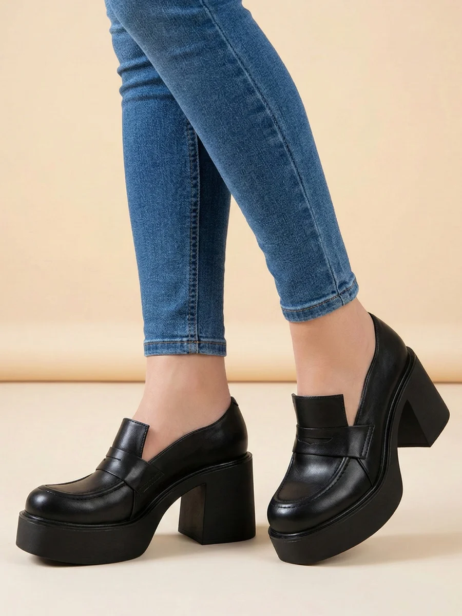 półbuty skórzane damskie na platformie, obcas 8 cm, czarne lico