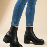 botki skórzane ze streczem, platforma, obcas 6 cm, czarny groszek