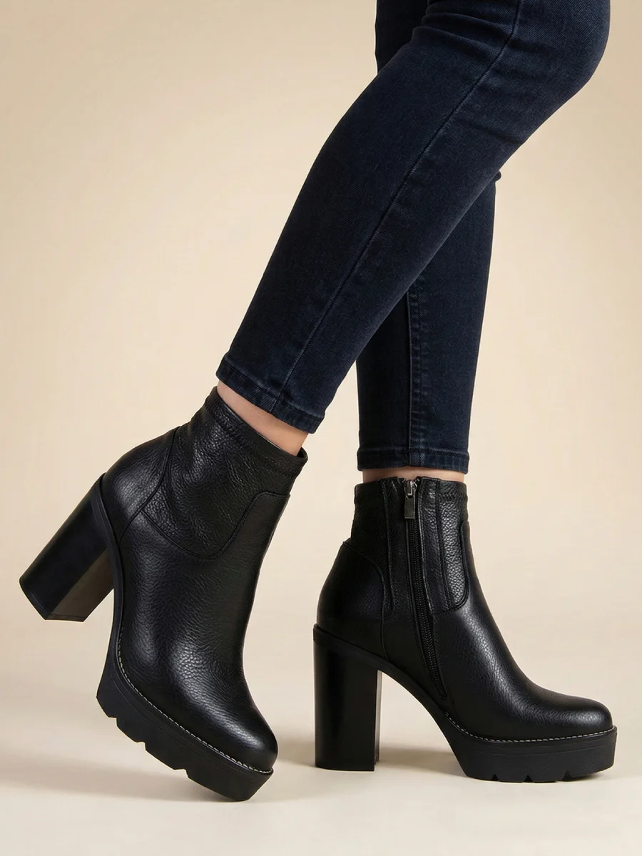 botki skórzane ze streczem, obcas 11 cm, czarny groszek