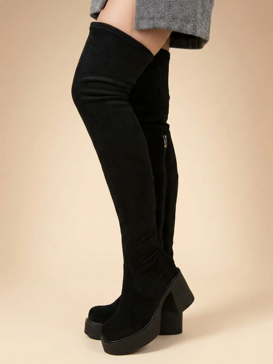 kozaki skórzane za kolano, długie, czarne, na platformie, obcas 9cm