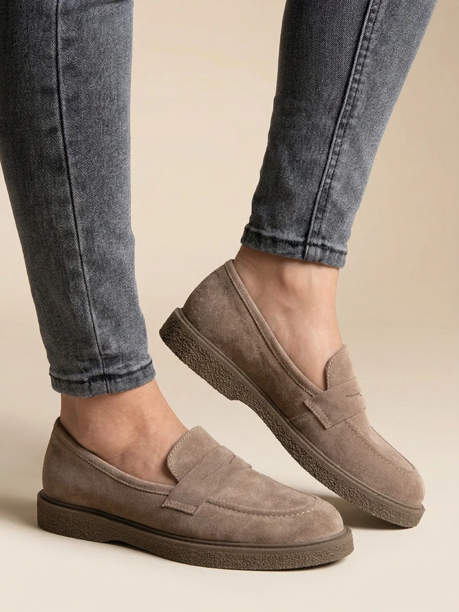 mokasyny damskie skórzane, płaska podeszwa, ebano zamsz