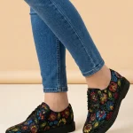 półbuty skórzane damskie, sznurowane, kwiaty, płaska podeszwa