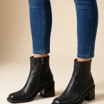 botki skórzane na słupku 6cm, kwadratowy nosek, czarny groszek