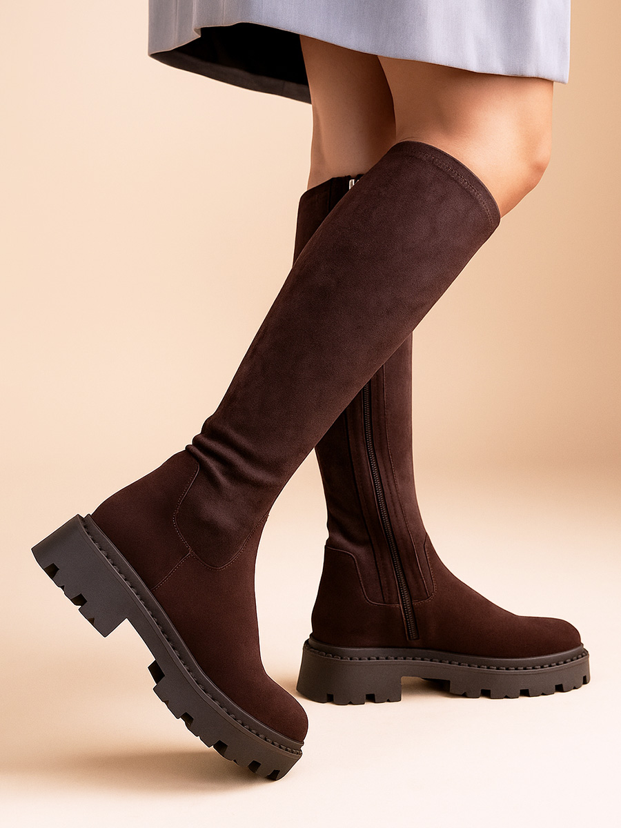 kozaki skórzane ze streczem brązowe